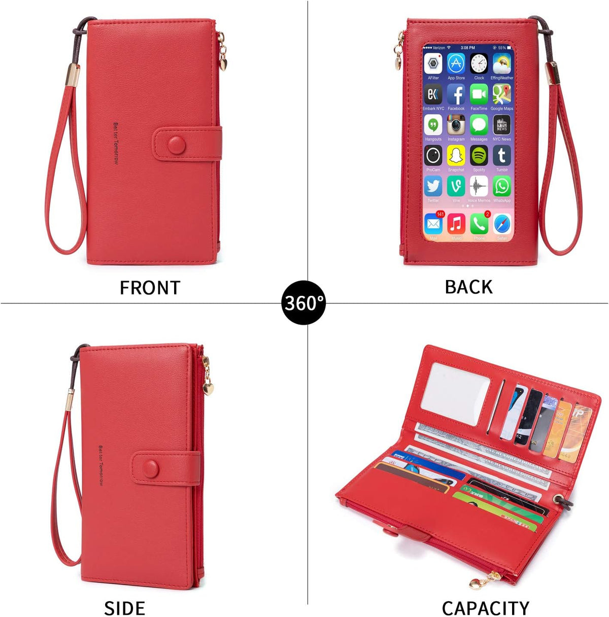 Touch Screen RFID Phone Crossbody Purse with 2 Straps for Women | Clear phone window, RFID card space, 11 slots and zip pockets support quick calls, errands, theme parks and travel