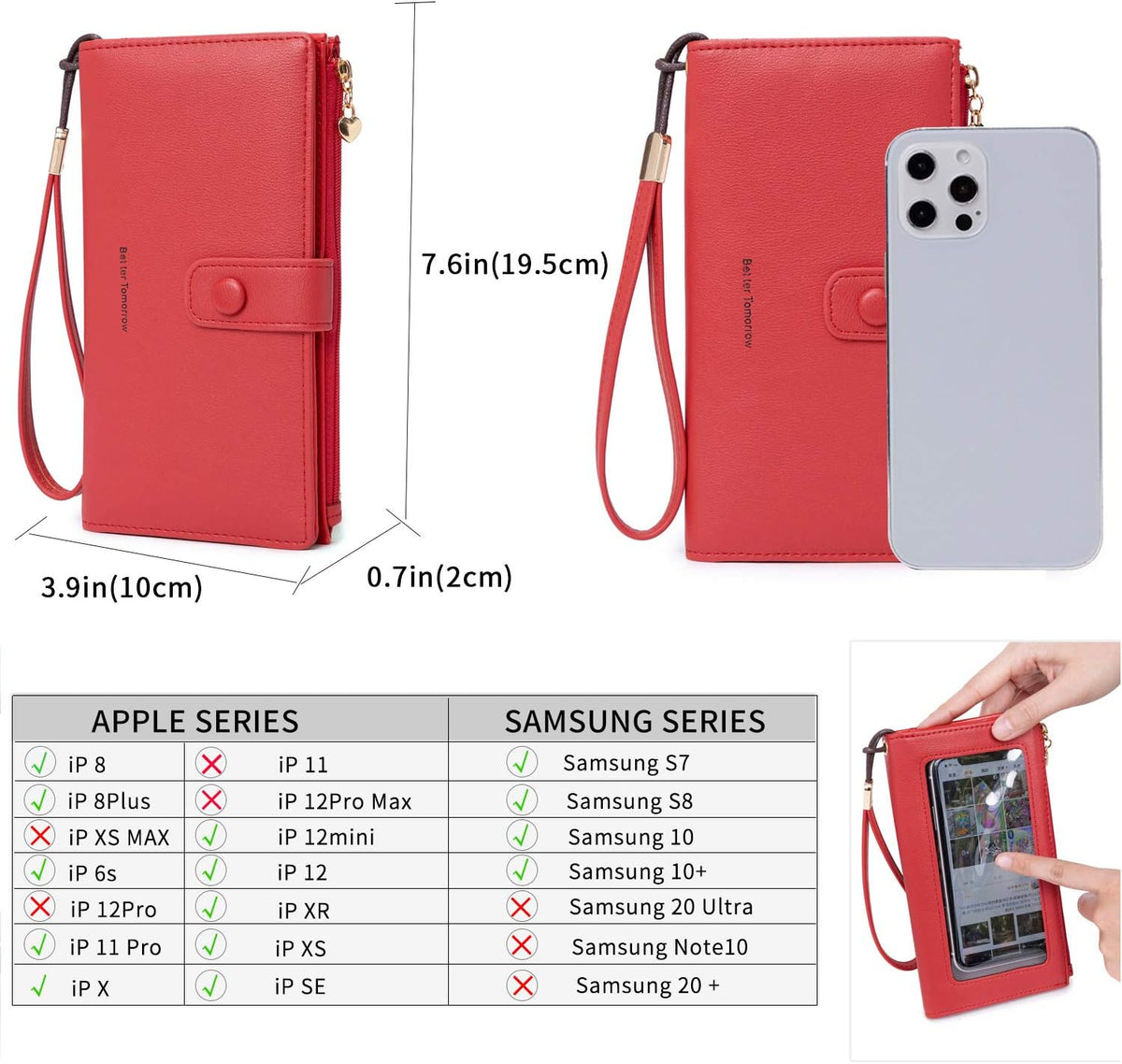 Touch Screen RFID Phone Crossbody Purse with 2 Straps for Women | Clear phone window, RFID card space, 11 slots and zip pockets support quick calls, errands, theme parks and travel