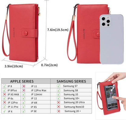 Touch Screen RFID Phone Crossbody Purse with 2 Straps for Women | Clear phone window, RFID card space, 11 slots and zip pockets support quick calls, errands, theme parks and travel