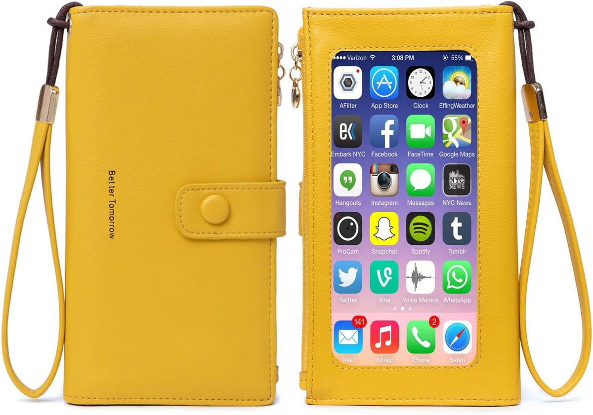 Touch Screen RFID Phone Crossbody Purse with 2 Straps for Women | Clear phone window, RFID card space, 11 slots and zip pockets support quick calls, errands, theme parks and travel