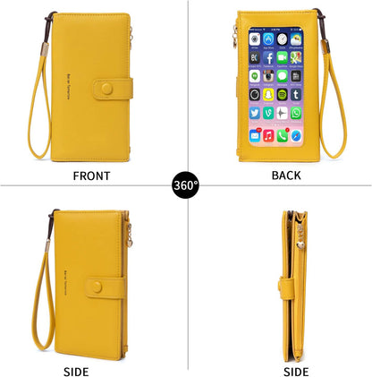 Touch Screen RFID Phone Crossbody Purse with 2 Straps for Women | Clear phone window, RFID card space, 11 slots and zip pockets support quick calls, errands, theme parks and travel