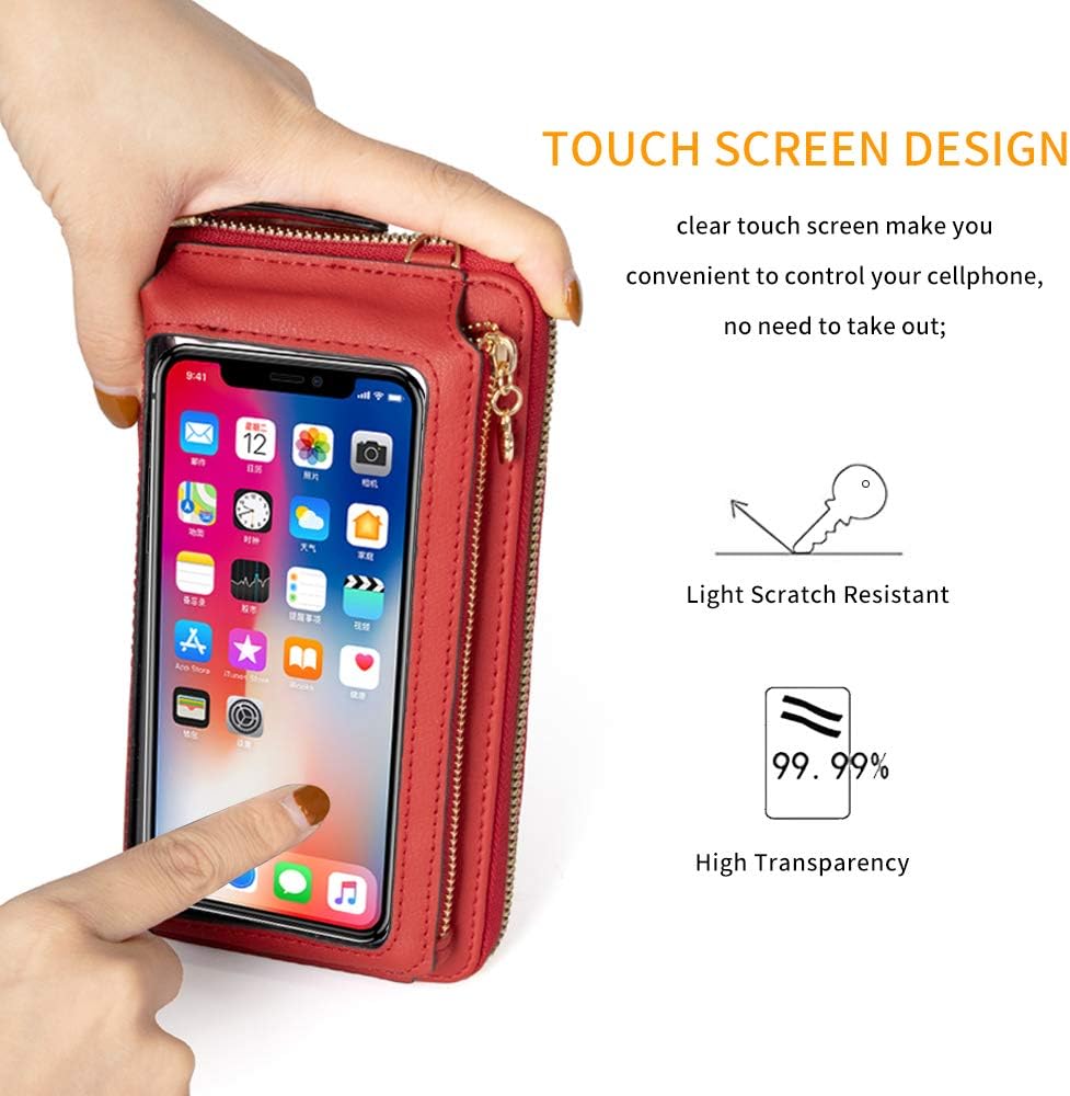 Touch Screen RFID Phone Crossbody Purse with 2 Straps for Women | Clear phone window, RFID card space, 11 slots and zip pockets support quick calls, errands, theme parks and travel