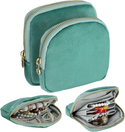 2 Pcs Travel Jewelry Case Set, Detachable 2-1n-1 Velvet Jewelry Organizer Pouch with Zipper, Portable Small Jewel Storage Bag for Rings Earrings Bracelets Watch Lipstick