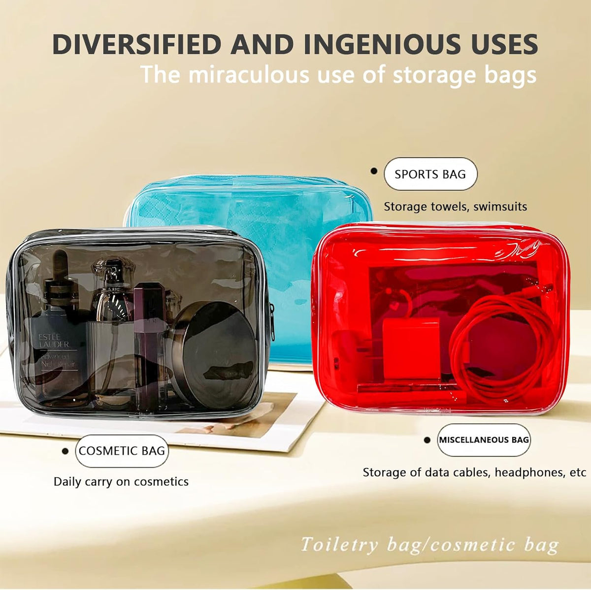 Neon TSA Approved Clear Toiletry Pouch, 7"x2.3"x4.7" Size, PVC Travel Makeup Bags for Toiletries, Transparent Cosmetic Bag for Women and Men Small (Wine Red)