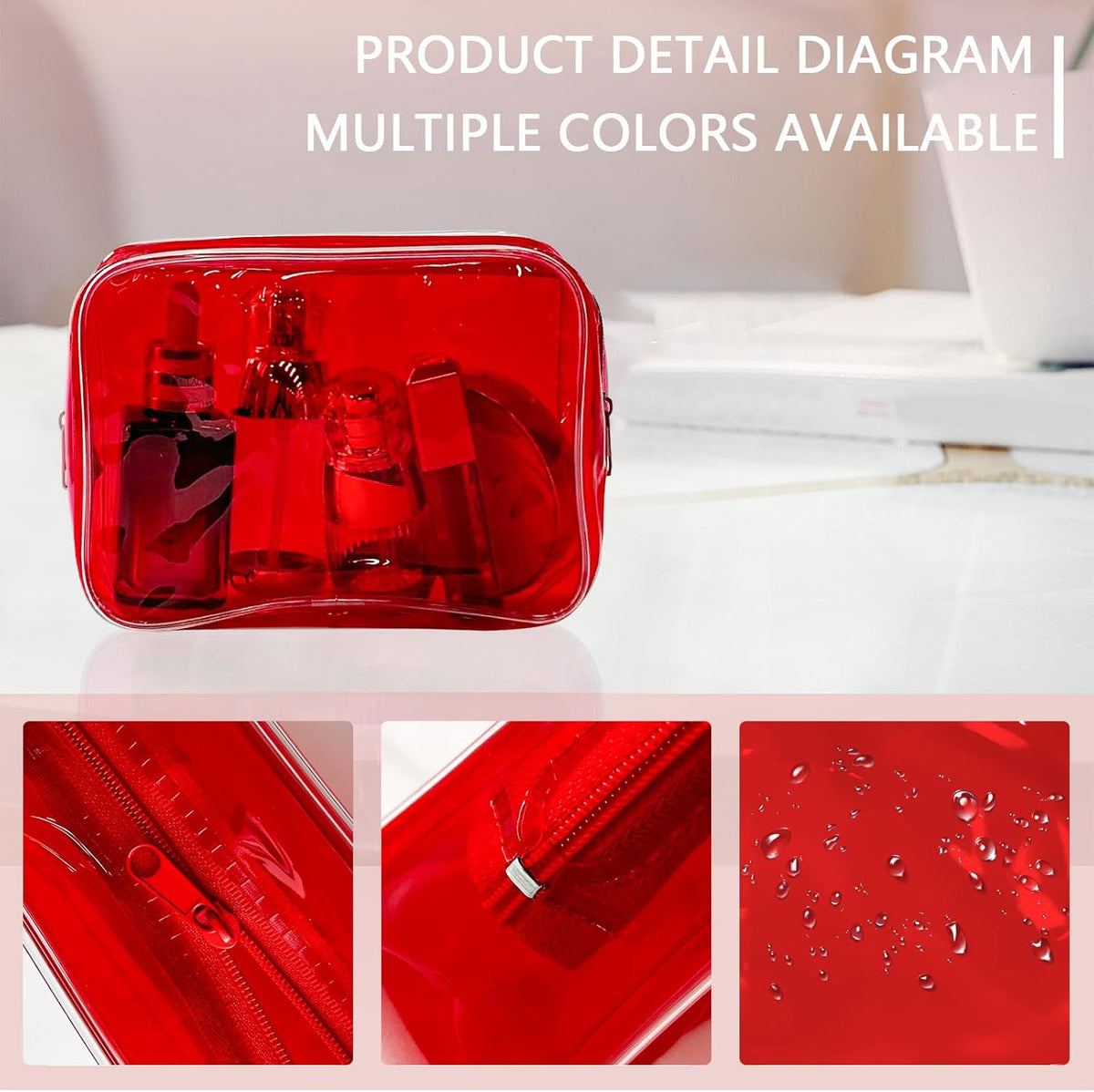 Neon TSA Approved Clear Toiletry Pouch, 7"x2.3"x4.7" Size, PVC Travel Makeup Bags for Toiletries, Transparent Cosmetic Bag for Women and Men Small (Wine Red)