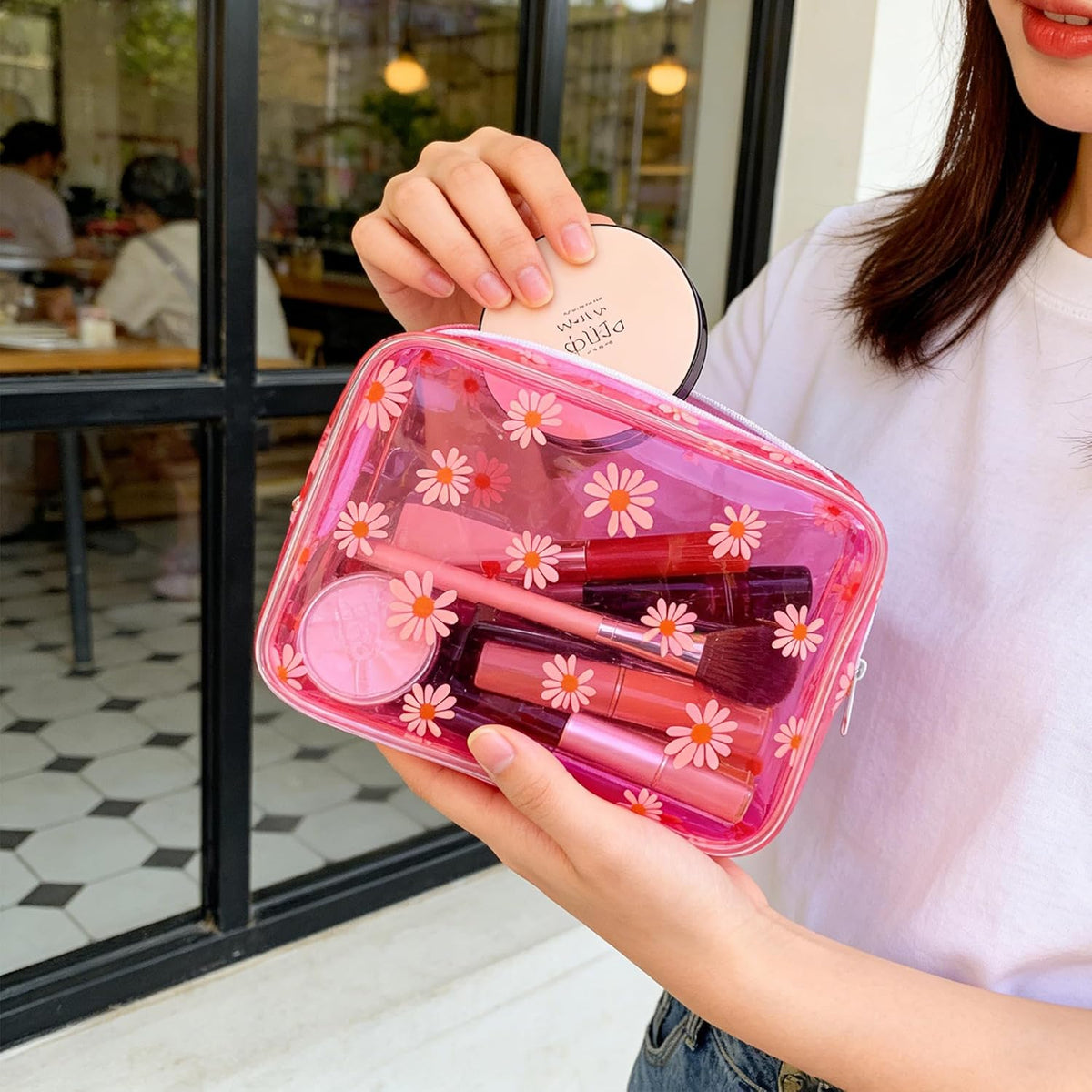 Neon TSA Approved Clear Toiletry Pouch, 7"x2.3"x4.7" Size, PVC Travel Makeup Bags for Toiletries, Transparent Cosmetic Bag for Women and Men Small (Wine Red)