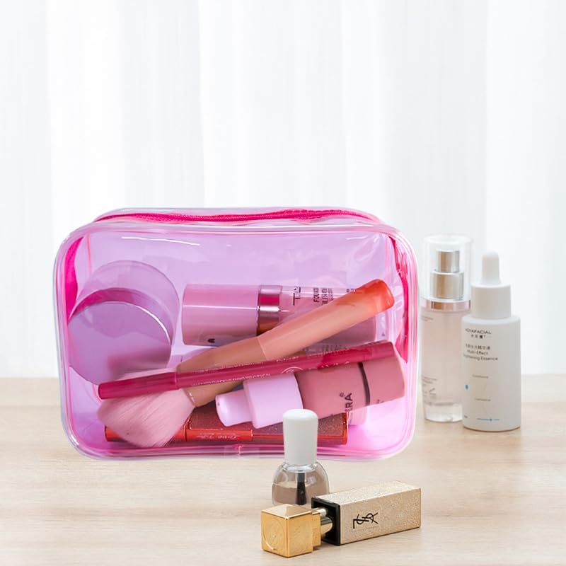 Neon TSA Approved Clear Toiletry Pouch, 7"x2.3"x4.7" Size, PVC Travel Makeup Bags for Toiletries, Transparent Cosmetic Bag for Women and Men Small (Wine Red)