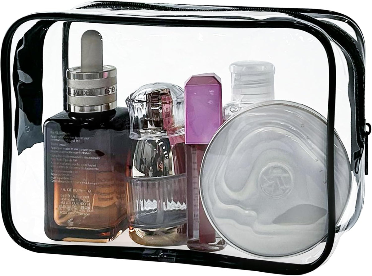 Neon TSA Approved Clear Toiletry Pouch, 7"x2.3"x4.7" Size, PVC Travel Makeup Bags for Toiletries, Transparent Cosmetic Bag for Women and Men Small (Wine Red)