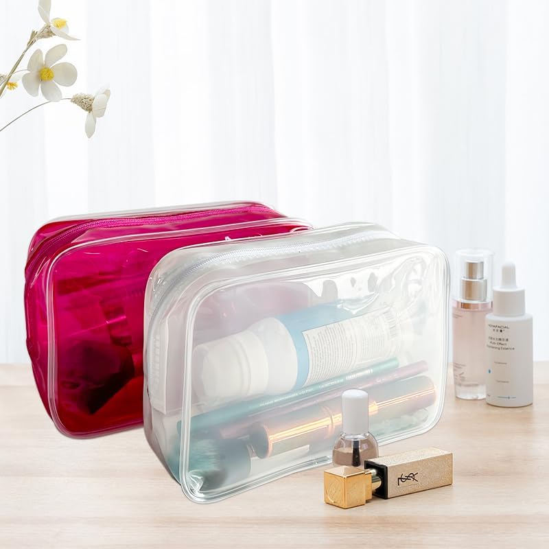 Neon TSA Approved Clear Toiletry Pouch, 7"x2.3"x4.7" Size, PVC Travel Makeup Bags for Toiletries, Transparent Cosmetic Bag for Women and Men Small (Wine Red)