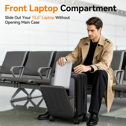 20 Inch Expandable Carry on Luggage Airline Approved with Front Pocket | Hardshell Suitcase, Cup Holder, Laptop Compartment, USB Charging Port, Brake Spinner Wheels, TSA Lock for Travel
