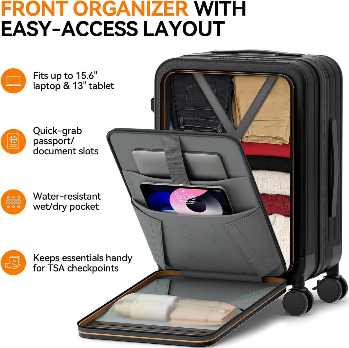 20 Inch Expandable Carry on Luggage Airline Approved with Front Pocket | Hardshell Suitcase, Cup Holder, Laptop Compartment, USB Charging Port, Brake Spinner Wheels, TSA Lock for Travel