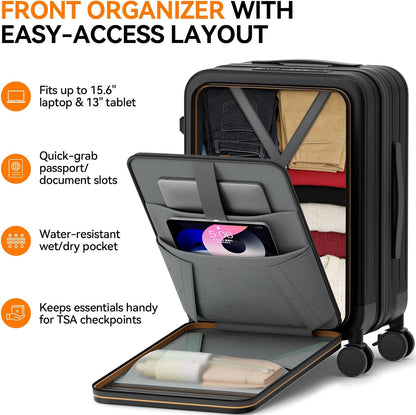 20 Inch Expandable Carry on Luggage Airline Approved with Front Pocket | Hardshell Suitcase, Cup Holder, Laptop Compartment, USB Charging Port, Brake Spinner Wheels, TSA Lock for Travel