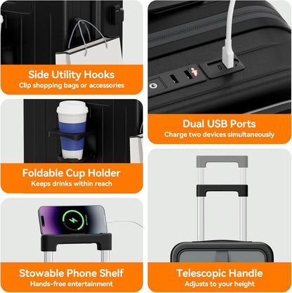 20 Inch Expandable Carry on Luggage Airline Approved with Front Pocket | Hardshell Suitcase, Cup Holder, Laptop Compartment, USB Charging Port, Brake Spinner Wheels, TSA Lock for Travel