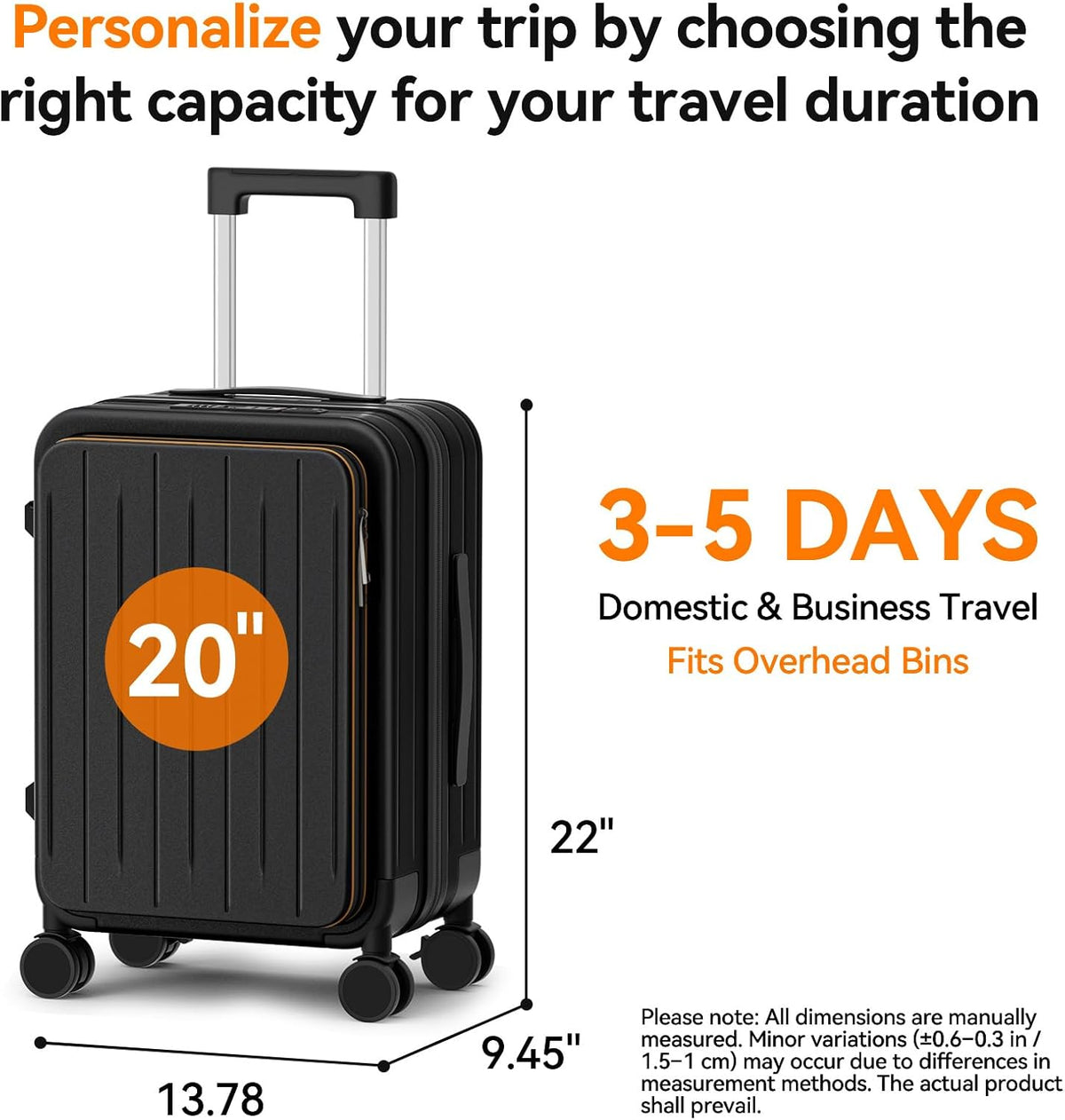 20 Inch Expandable Carry on Luggage Airline Approved with Front Pocket | Hardshell Suitcase, Cup Holder, Laptop Compartment, USB Charging Port, Brake Spinner Wheels, TSA Lock for Travel