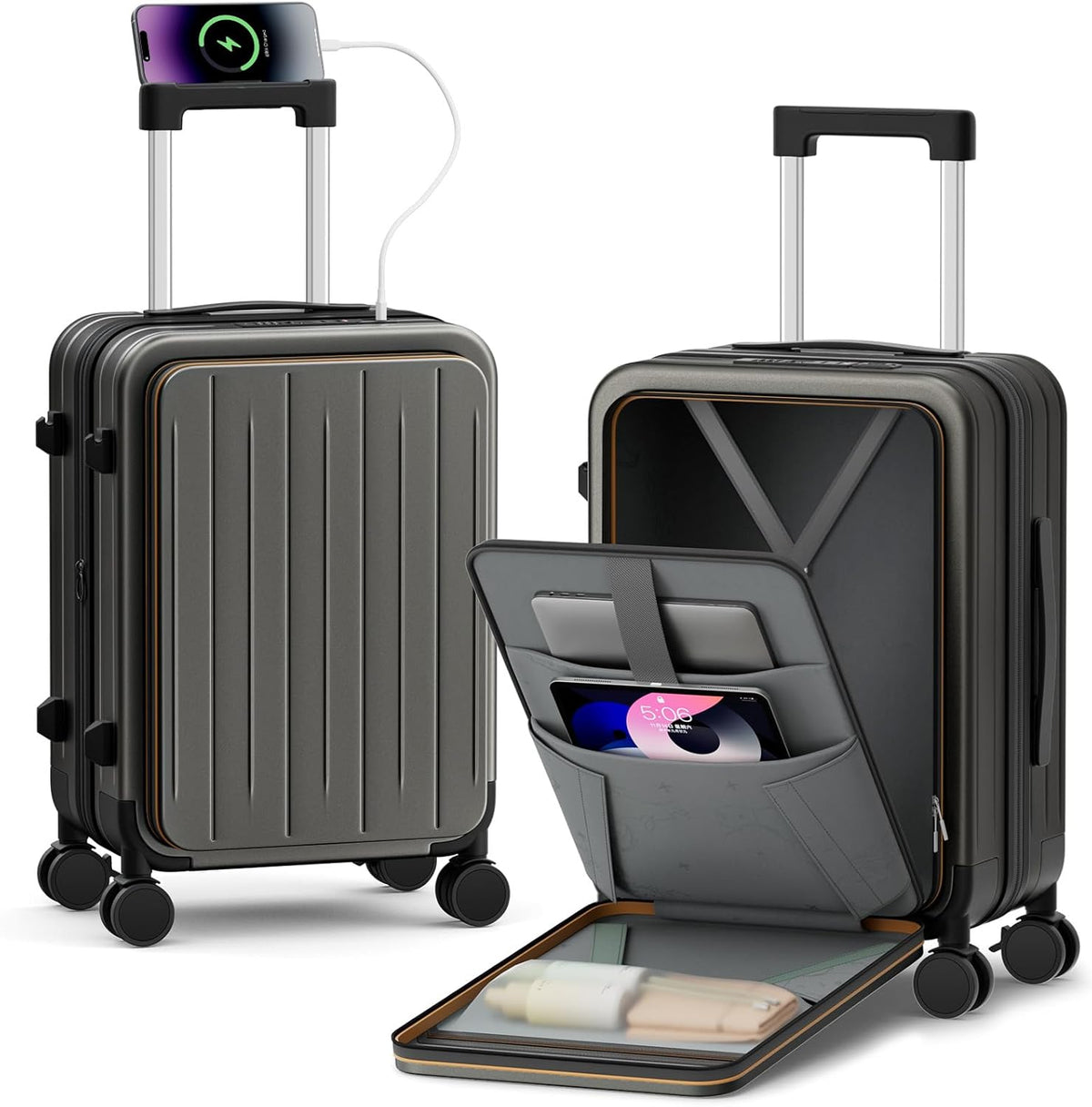 20 Inch Expandable Carry on Luggage Airline Approved with Front Pocket | Hardshell Suitcase, Cup Holder, Laptop Compartment, USB Charging Port, Brake Spinner Wheels, TSA Lock for Travel