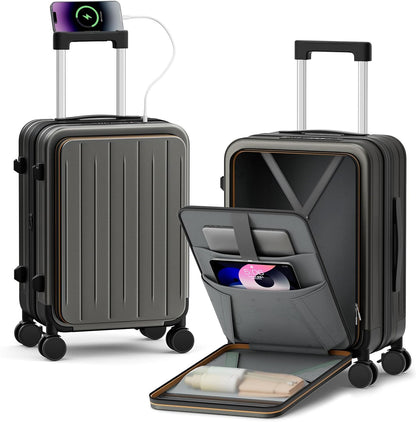 20 Inch Expandable Carry on Luggage Airline Approved with Front Pocket | Hardshell Suitcase, Cup Holder, Laptop Compartment, USB Charging Port, Brake Spinner Wheels, TSA Lock for Travel