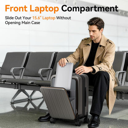 20 Inch Expandable Carry on Luggage Airline Approved with Front Pocket | Hardshell Suitcase, Cup Holder, Laptop Compartment, USB Charging Port, Brake Spinner Wheels, TSA Lock for Travel