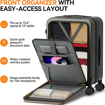 20 Inch Expandable Carry on Luggage Airline Approved with Front Pocket | Hardshell Suitcase, Cup Holder, Laptop Compartment, USB Charging Port, Brake Spinner Wheels, TSA Lock for Travel
