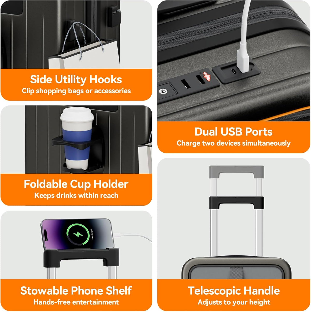 20 Inch Expandable Carry on Luggage Airline Approved with Front Pocket | Hardshell Suitcase, Cup Holder, Laptop Compartment, USB Charging Port, Brake Spinner Wheels, TSA Lock for Travel