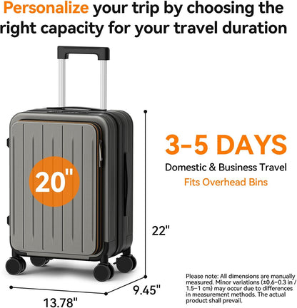 20 Inch Expandable Carry on Luggage Airline Approved with Front Pocket | Hardshell Suitcase, Cup Holder, Laptop Compartment, USB Charging Port, Brake Spinner Wheels, TSA Lock for Travel