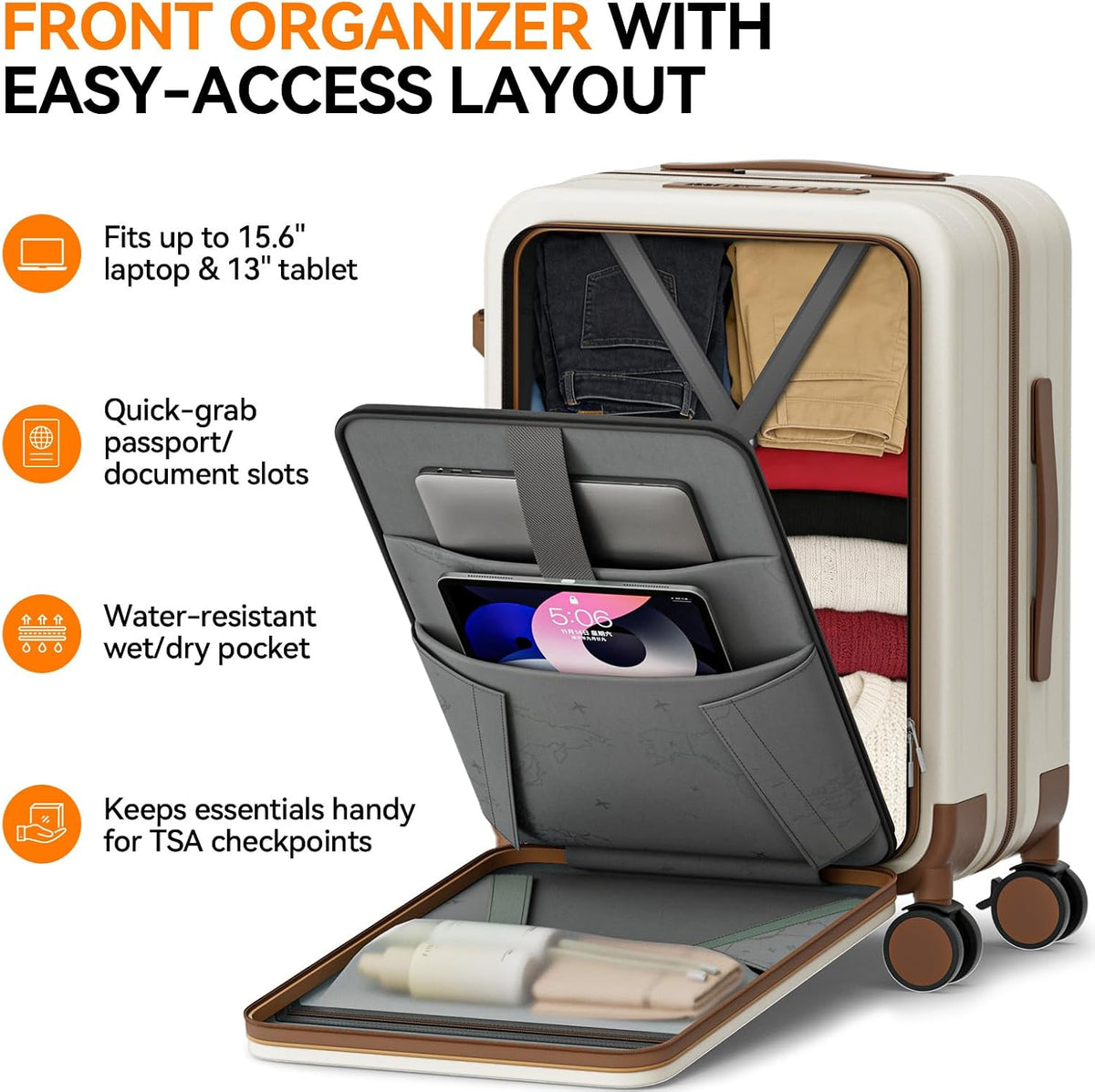 20 Inch Expandable Carry on Luggage Airline Approved with Front Pocket | Hardshell Suitcase, Cup Holder, Laptop Compartment, USB Charging Port, Brake Spinner Wheels, TSA Lock for Travel