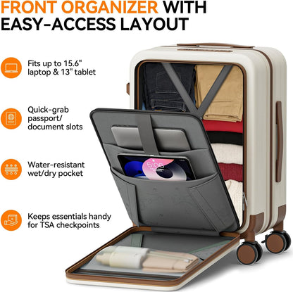 20 Inch Expandable Carry on Luggage Airline Approved with Front Pocket | Hardshell Suitcase, Cup Holder, Laptop Compartment, USB Charging Port, Brake Spinner Wheels, TSA Lock for Travel