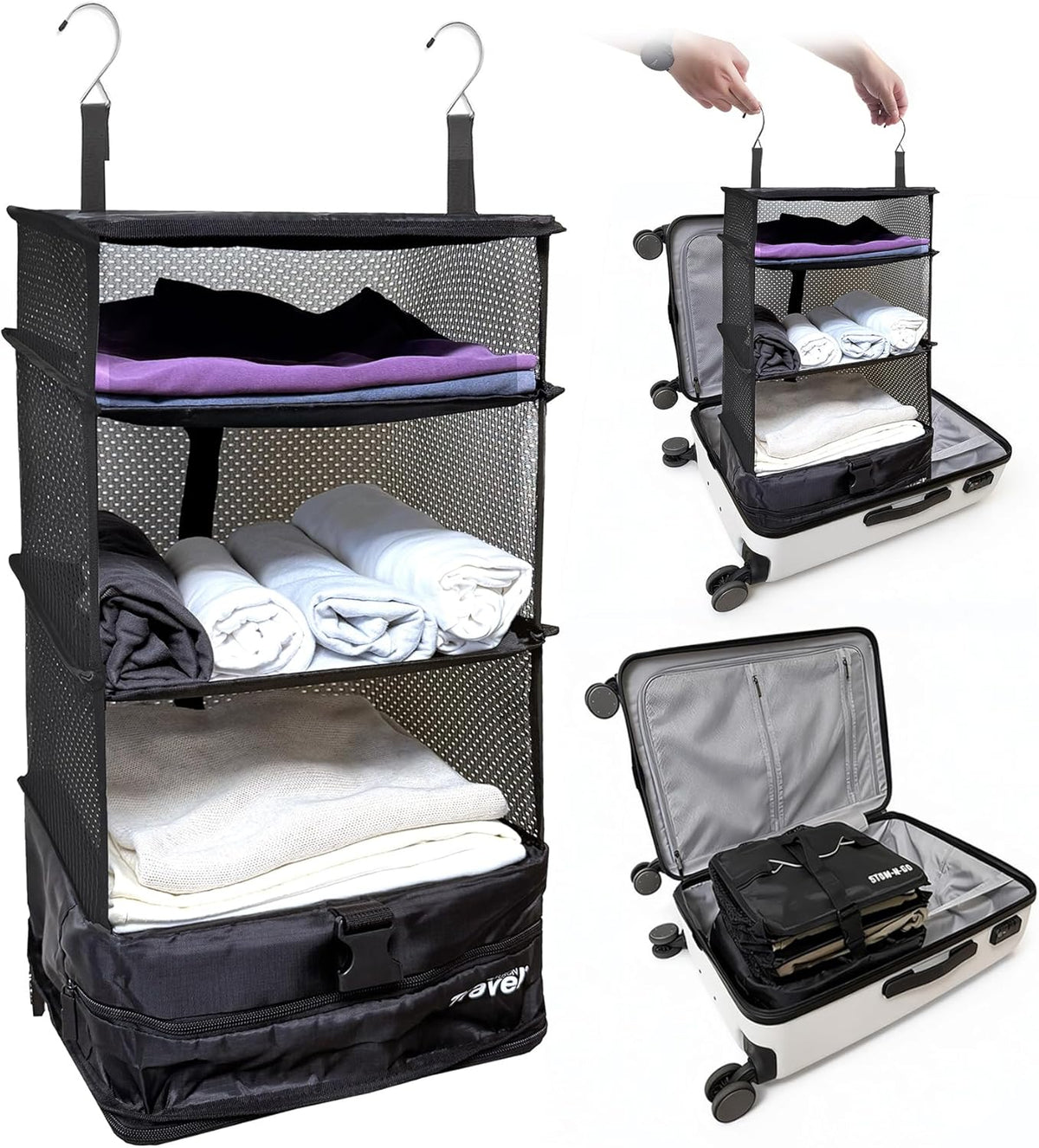 Stow-N-Go Portable Hanging Travel Shelves, Packing Organizer for Luggage. Carry on Closet with Hanger for Clothes. Expandable Packing Cube. Travel Essentials, Light Gray - L