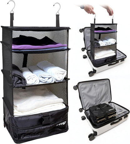 Stow-N-Go Portable Hanging Travel Shelves, Packing Organizer for Luggage. Carry on Closet with Hanger for Clothes. Expandable Packing Cube. Travel Essentials, Light Gray - L