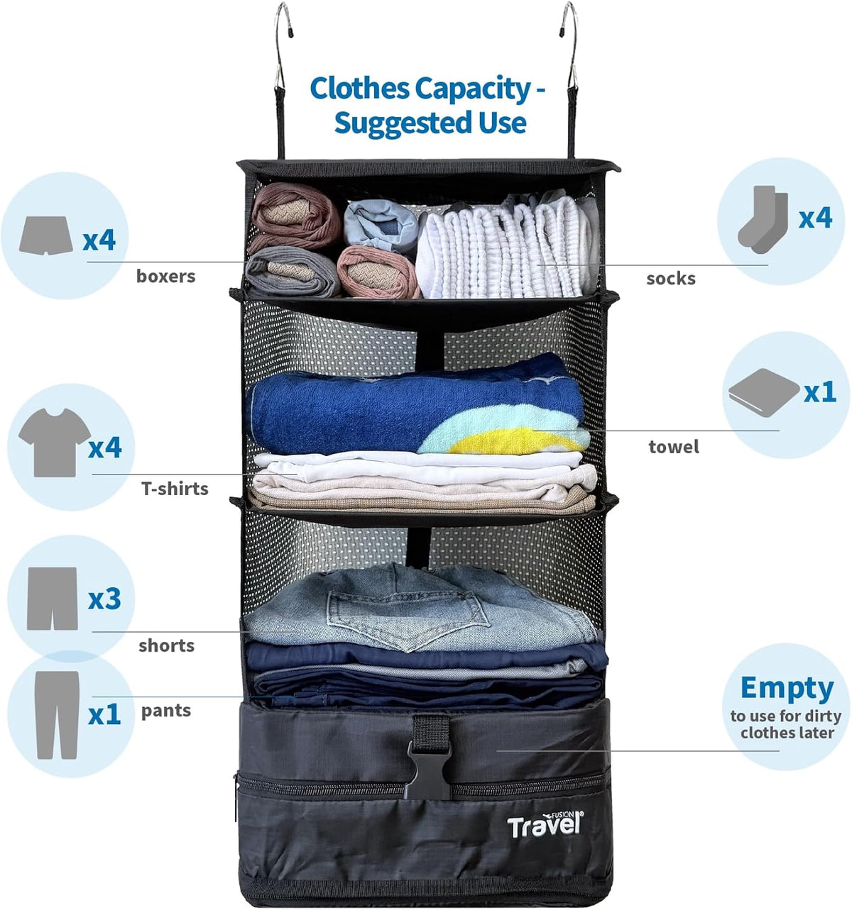 Stow-N-Go Portable Hanging Travel Shelves, Packing Organizer for Luggage. Carry on Closet with Hanger for Clothes. Expandable Packing Cube. Travel Essentials, Light Gray - L