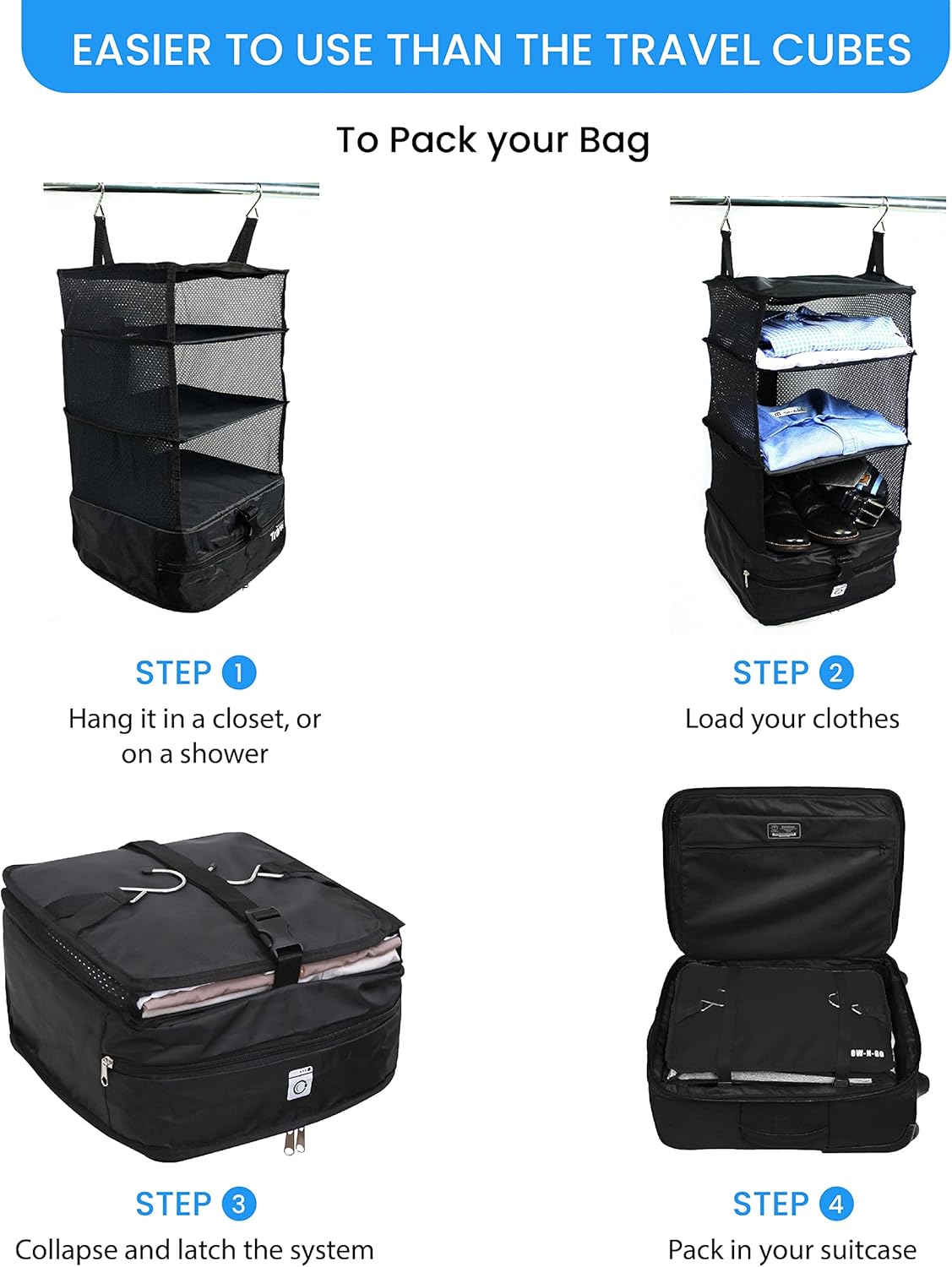 Stow-N-Go Portable Hanging Travel Shelves, Packing Organizer for Luggage. Carry on Closet with Hanger for Clothes. Expandable Packing Cube. Travel Essentials, Light Gray - L