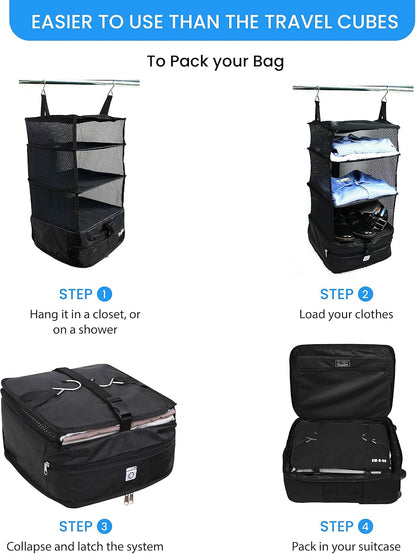 Stow-N-Go Portable Hanging Travel Shelves, Packing Organizer for Luggage. Carry on Closet with Hanger for Clothes. Expandable Packing Cube. Travel Essentials, Light Gray - L