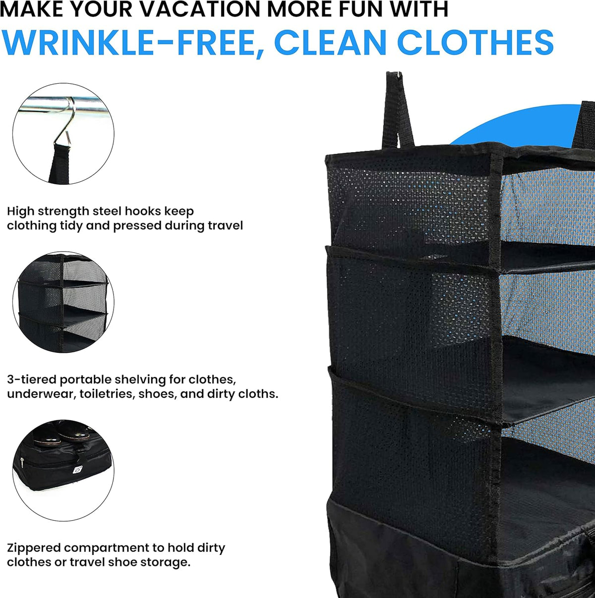 Stow-N-Go Portable Hanging Travel Shelves, Packing Organizer for Luggage. Carry on Closet with Hanger for Clothes. Expandable Packing Cube. Travel Essentials, Light Gray - L