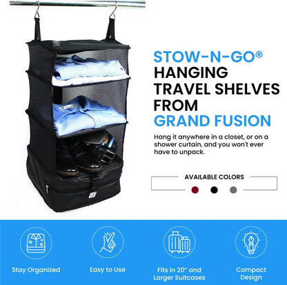 Stow-N-Go Portable Hanging Travel Shelves, Packing Organizer for Luggage. Carry on Closet with Hanger for Clothes. Expandable Packing Cube. Travel Essentials, Light Gray - L