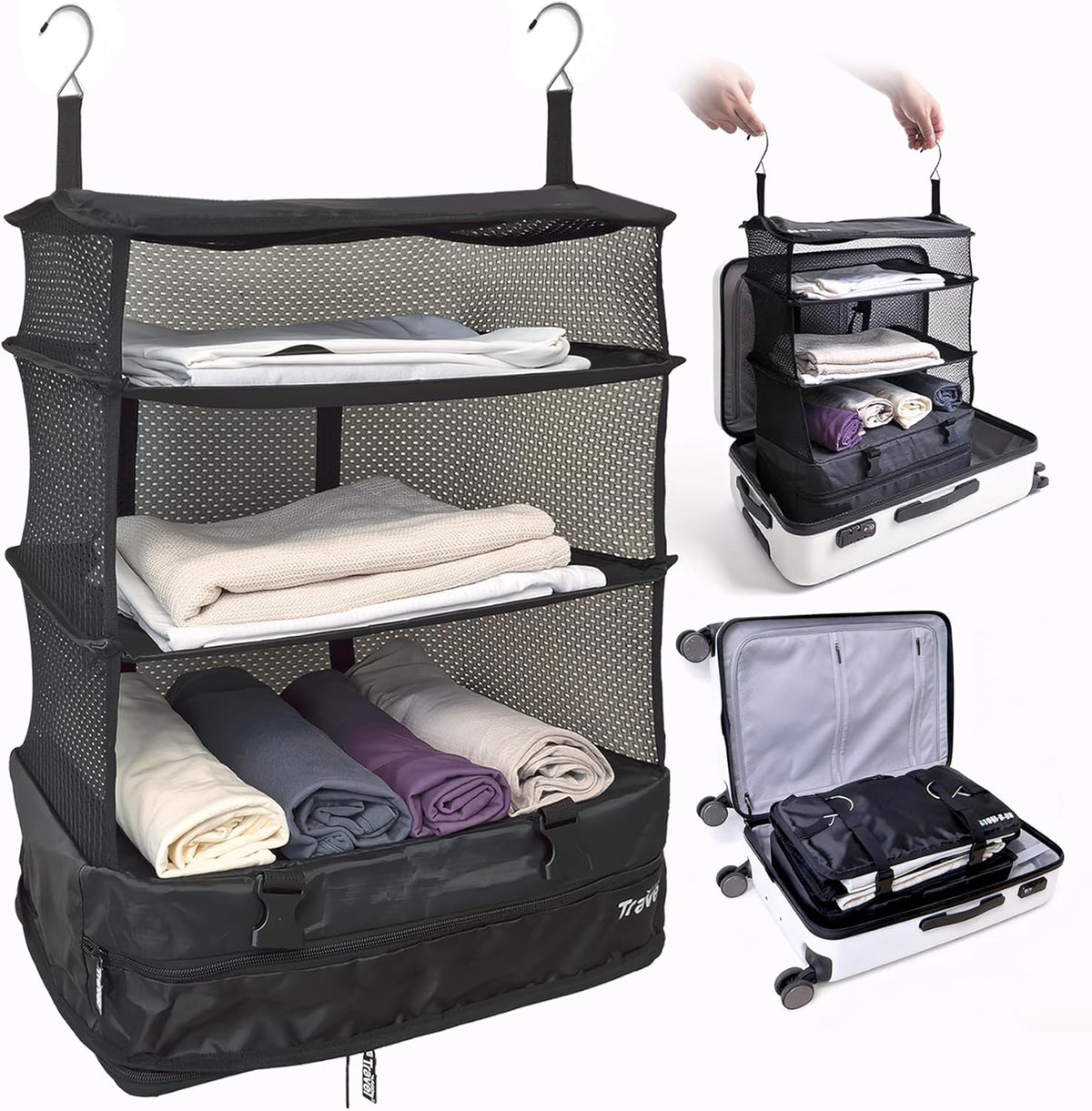 Stow-N-Go Portable Hanging Travel Shelves, Packing Organizer for Luggage. Carry on Closet with Hanger for Clothes. Expandable Packing Cube. Travel Essentials, Light Gray - L