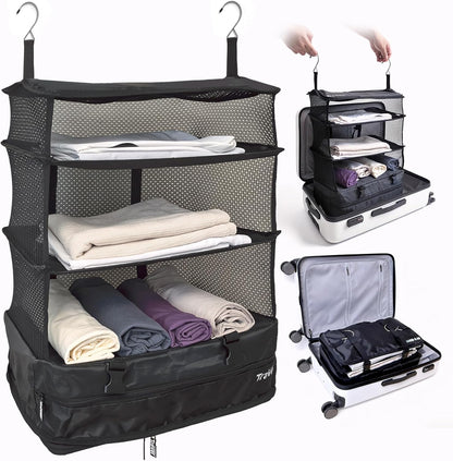 Stow-N-Go Portable Hanging Travel Shelves, Packing Organizer for Luggage. Carry on Closet with Hanger for Clothes. Expandable Packing Cube. Travel Essentials, Light Gray - L