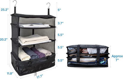 Stow-N-Go Portable Hanging Travel Shelves, Packing Organizer for Luggage. Carry on Closet with Hanger for Clothes. Expandable Packing Cube. Travel Essentials, Light Gray - L