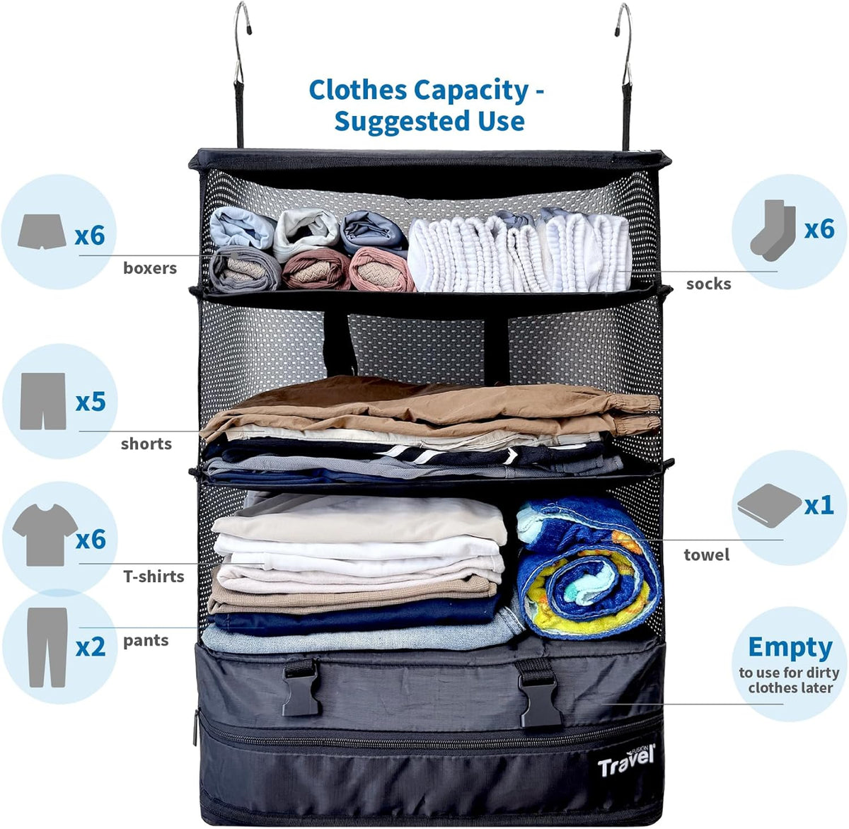 Stow-N-Go Portable Hanging Travel Shelves, Packing Organizer for Luggage. Carry on Closet with Hanger for Clothes. Expandable Packing Cube. Travel Essentials, Light Gray - L