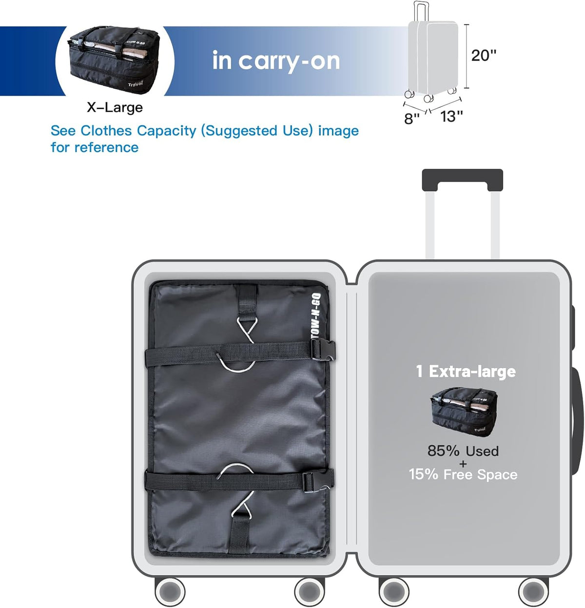 Stow-N-Go Portable Hanging Travel Shelves, Packing Organizer for Luggage. Carry on Closet with Hanger for Clothes. Expandable Packing Cube. Travel Essentials, Light Gray - L