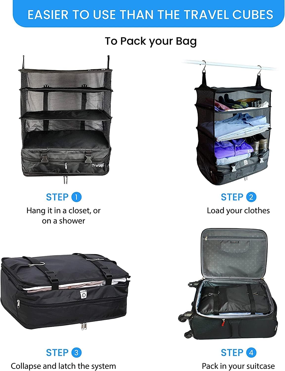 Stow-N-Go Portable Hanging Travel Shelves, Packing Organizer for Luggage. Carry on Closet with Hanger for Clothes. Expandable Packing Cube. Travel Essentials, Light Gray - L
