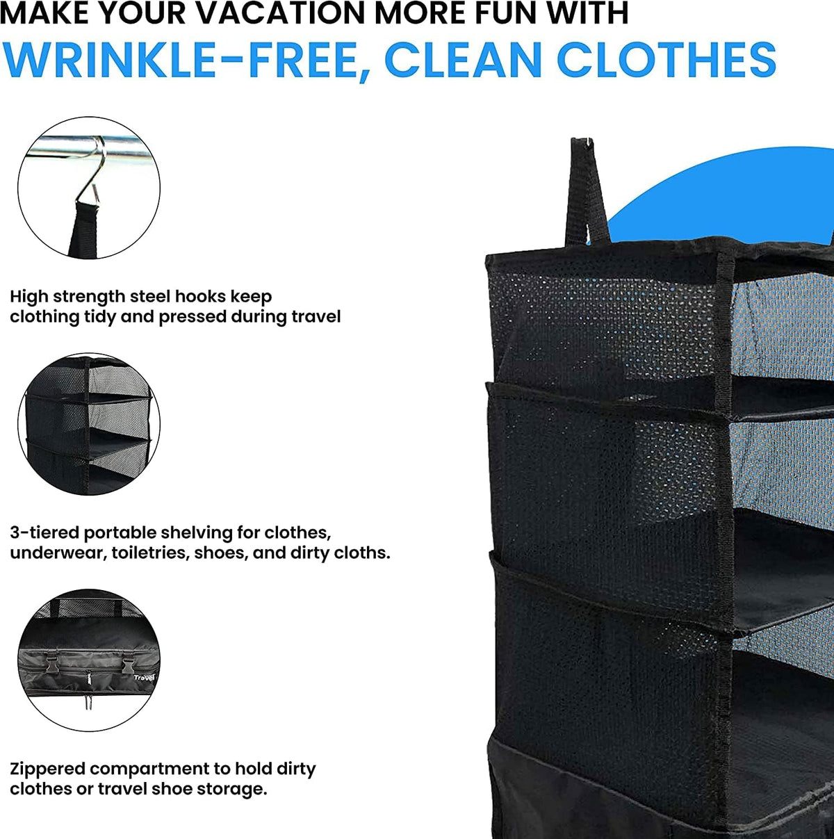 Stow-N-Go Portable Hanging Travel Shelves, Packing Organizer for Luggage. Carry on Closet with Hanger for Clothes. Expandable Packing Cube. Travel Essentials, Light Gray - L