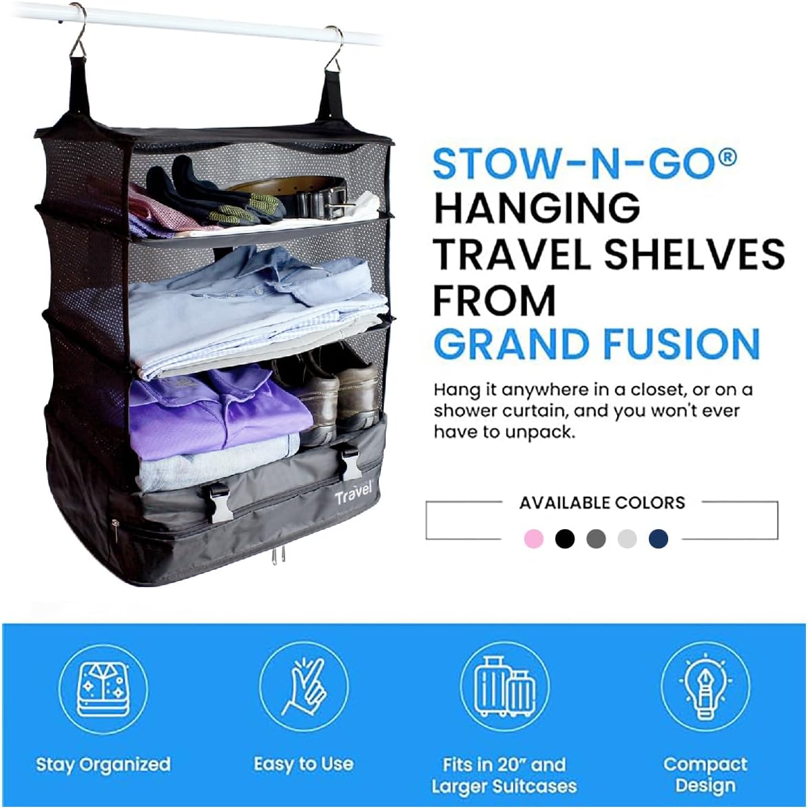 Stow-N-Go Portable Hanging Travel Shelves, Packing Organizer for Luggage. Carry on Closet with Hanger for Clothes. Expandable Packing Cube. Travel Essentials, Light Gray - L