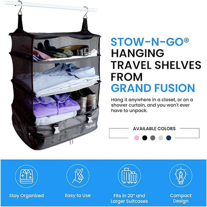 Stow-N-Go Portable Hanging Travel Shelves, Packing Organizer for Luggage. Carry on Closet with Hanger for Clothes. Expandable Packing Cube. Travel Essentials, Light Gray - L