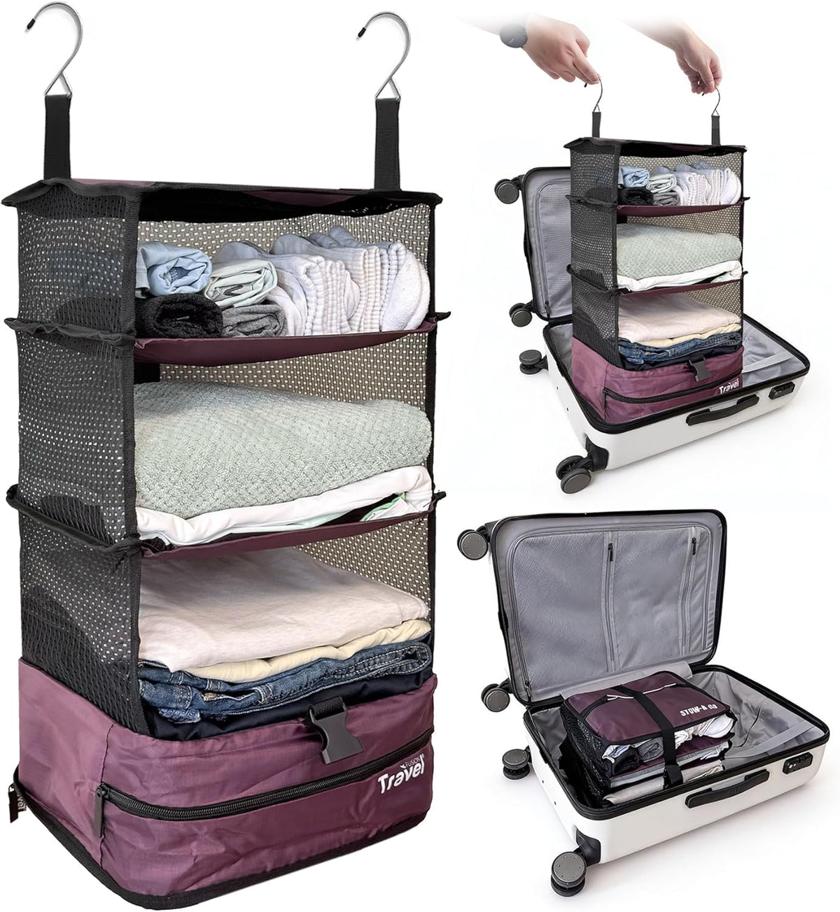 Stow-N-Go Portable Hanging Travel Shelves, Packing Organizer for Luggage. Carry on Closet with Hanger for Clothes. Expandable Packing Cube. Travel Essentials, Light Gray - L
