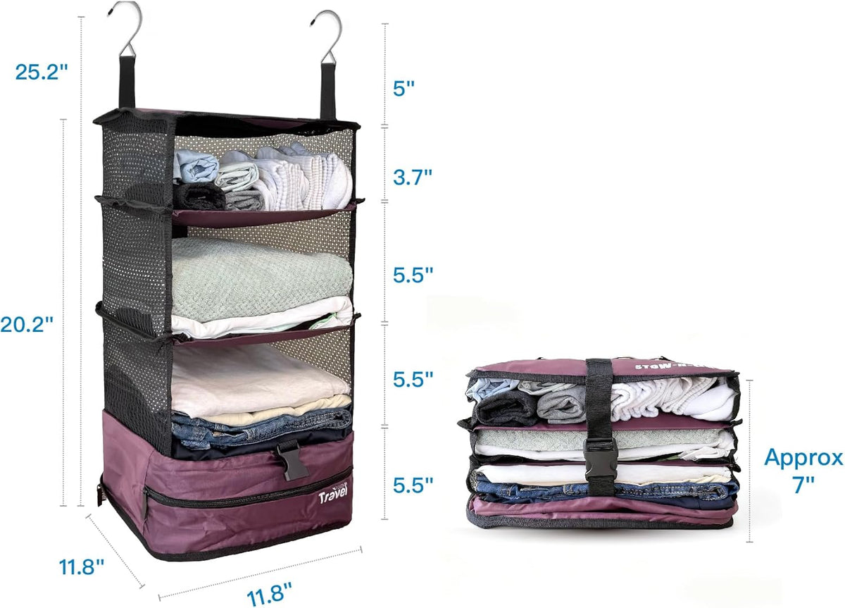 Stow-N-Go Portable Hanging Travel Shelves, Packing Organizer for Luggage. Carry on Closet with Hanger for Clothes. Expandable Packing Cube. Travel Essentials, Light Gray - L