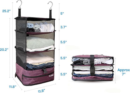 Stow-N-Go Portable Hanging Travel Shelves, Packing Organizer for Luggage. Carry on Closet with Hanger for Clothes. Expandable Packing Cube. Travel Essentials, Light Gray - L