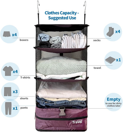 Stow-N-Go Portable Hanging Travel Shelves, Packing Organizer for Luggage. Carry on Closet with Hanger for Clothes. Expandable Packing Cube. Travel Essentials, Light Gray - L