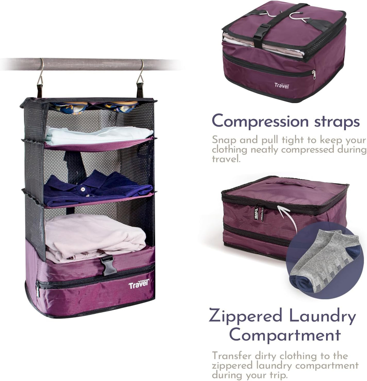 Stow-N-Go Portable Hanging Travel Shelves, Packing Organizer for Luggage. Carry on Closet with Hanger for Clothes. Expandable Packing Cube. Travel Essentials, Light Gray - L