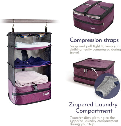 Stow-N-Go Portable Hanging Travel Shelves, Packing Organizer for Luggage. Carry on Closet with Hanger for Clothes. Expandable Packing Cube. Travel Essentials, Light Gray - L