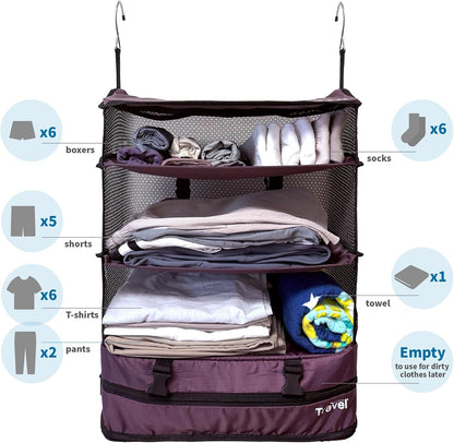 Stow-N-Go Portable Hanging Travel Shelves, Packing Organizer for Luggage. Carry on Closet with Hanger for Clothes. Expandable Packing Cube. Travel Essentials, Light Gray - L
