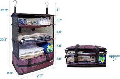 Stow-N-Go Portable Hanging Travel Shelves, Packing Organizer for Luggage. Carry on Closet with Hanger for Clothes. Expandable Packing Cube. Travel Essentials, Light Gray - L